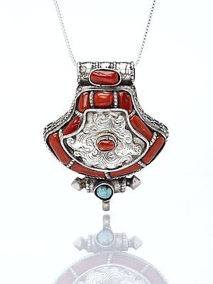 Tibetan Gau Box Pendant with Coral and Tibetan Turquoise