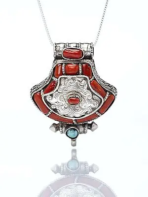 Tibetan Gau Box Pendant with Coral and Tibetan Turquoise
