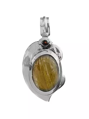 Rutilated Quartz Sterling Silver Pendant with Faceted Garnet