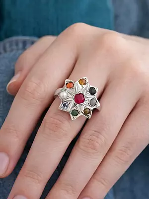 Navaratna Star Shape Sterling Silver Ring
