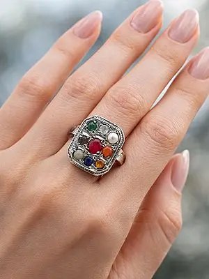 Square Shape Navratna Studded Sterling Silver Ring