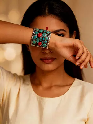 Turquoise and Coral Sterling SIlver Cuff Bracelet