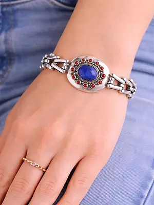 Sterling Silver Bracelet with Coral and Lapis Lazuli Gemstones