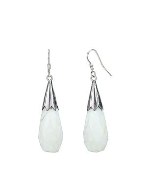 Pear/Drop-Cut Faceted white Agate Stone Earrings Topped In Sterling Silver Cone