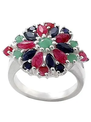 Floral Ruby, Emerald and Sapphire Gemstone Ring Made in Sterling Silver