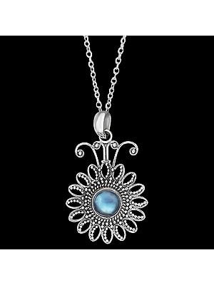 Flower Shaped Sterling Silver Pendant with Rainbow Moonstone