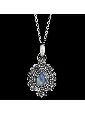 Embroidery Sterling Silver Pendant with Rainbow Moonstone