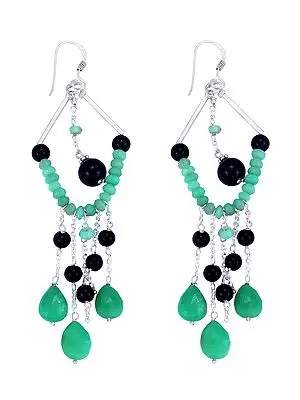 Sterling Silver Earrings with Emerald and Black Onyx Bead Dangles (Long Size)