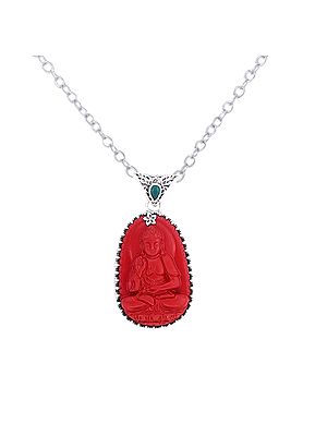 Red Stone Buddha Sterling Silver Pendant with Precious Gemstone