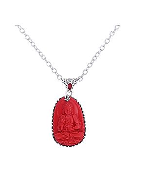Red Stone Buddha Sterling Silver Pendant with Precious Gemstone