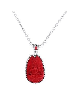 Red Stone Chinese Buddha Sterling Silver Pendant with Precious Gemstone