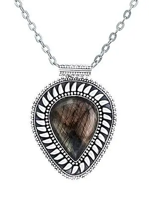 Large Pan Shaped Sterling Silver Pendant with Labradorite Stone