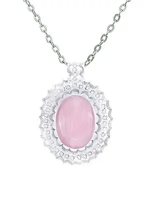Large Oval Shaped Pattern Engraved Sterling Silver Pendant with Rose Quartz Stone