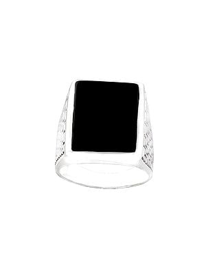 Square Brick Design Sterling Silver Ring with Black Onyx Stone