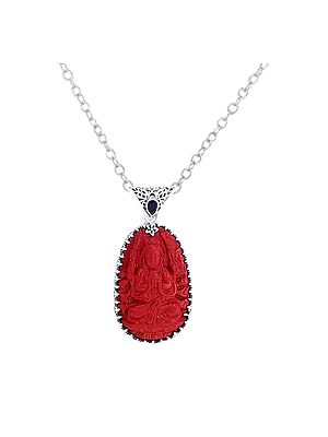 Red Stone Lord Buddha Sterling Silver Pendant with Precious Gemstone
