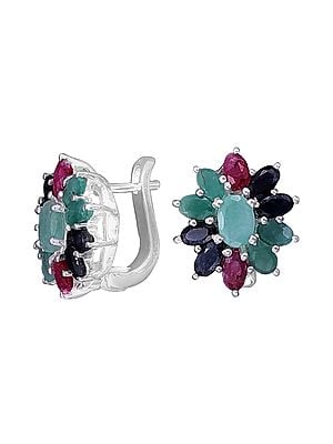 Superfine Sterling Silver Earring with Ruby,Sapphire and Emerald Gemstone