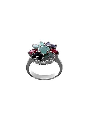Stylish Sterling Ring with Ruby, Sapphire, Emerald Gemstone