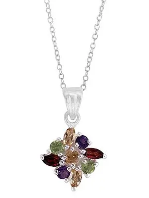 Stylish Sterling Silver Pendant with Garnet, Citrine, Amethyst, Green Stone