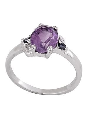 Superfine Sterling Silver Ring with Faceted Amethyst & Sapphire Gemstone