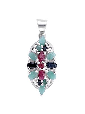 Sterling Silver Pendant with Ruby, Emerald & Sapphire Gemstone