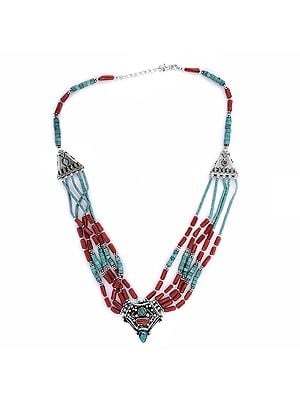 Sterling Silver Fine Necklace with Coral and Turquoise Stone