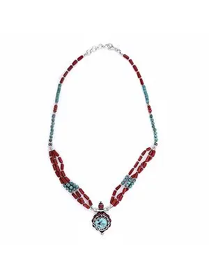 Sterling Silver Sober Necklace with Coral and Turquoise Stone