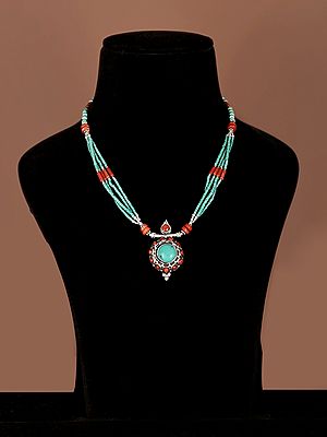 Sterling Silver Necklace with Turquoise and Coral Stone