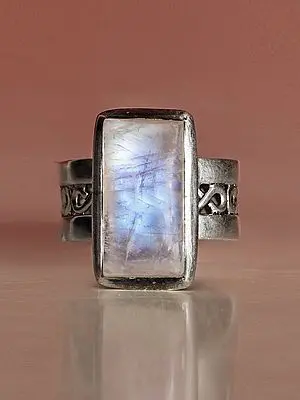 Designer Rectangular Sterling Silver Ring with Rainbow Moonstone