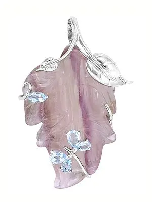 Carved Rose Quartz Leaf Pendant with Blue Topaz Stone