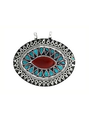 Large Tibetan Sterling Silver Pendant with Turquoise and Coral Stone