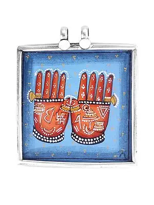 Square Sterling Silver Pendant with Lotus Hands of Lord Vishnu