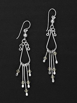 Stylish Long Sterling Silver Dangle Earring with Gemstone