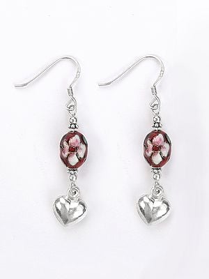 Floral Design Earring with Dangling Heart | Sterling Silver Jewelry