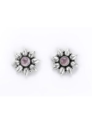 Floral Design Sterling Silver Earring with Rose Quartz Stone