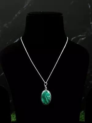 Sterling Silver Pendant with Oval Green Malachite Gemstone