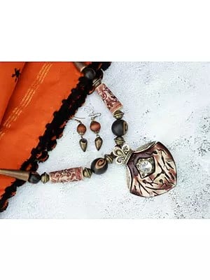 Brown Tibetan Style Long Necklace with Earring