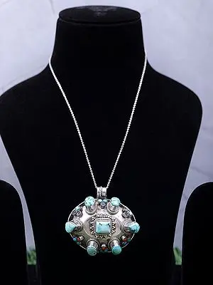 Sterling Silver Pendant with Coral and Turquoise Stone