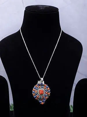 Sterling Silver Pendant with Lapis Lazuli and Coral Gemstone