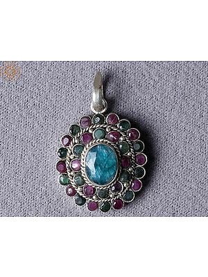 Silver Blue Emerald Ruby Pendant from Nepal