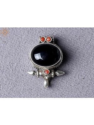 Black Onyx Tibetan Ghau Silver Pendant from Nepal