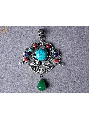 Turquoise Stone Double Peacock White Metal Pendant