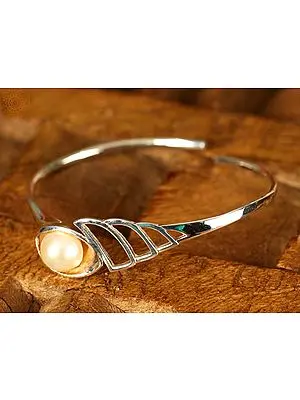 Hollow Designer White Pearl Open Bracelet | Sterling Silver Jewelry