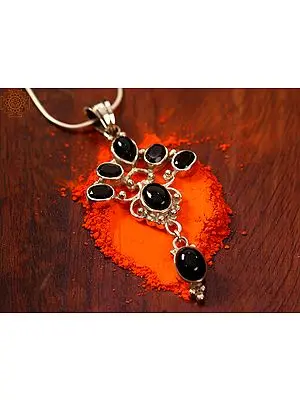 Designer Black Onyx and Smoky Quartz Pendant | Sterling Silver Pendant