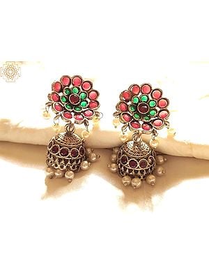 Silver Finish Red and Green Stone Jhumka