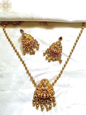 Goddess Lakshmi Studded Multicolored Stone Long Necklace and Earring Set
