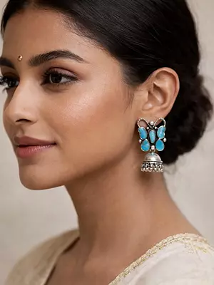 Sterling Silver Butterfly Design Jhumki Earrings with Arizona Turquoise