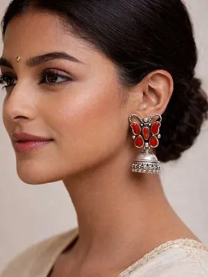 Butterfly Design Sterling Silver Jhumki Earrings with Coral Stone