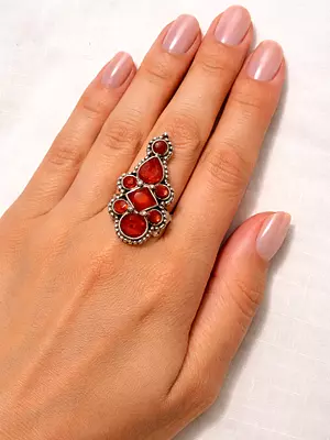 Adjustable Long Sterling Silver Coral Ring