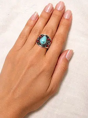 Turquoise and Coral Gemstones Studded Adjustable Sterling Silver Ring