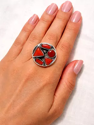 Adjustable Circular Sterling Silver Ring with Geometric Cut Coral